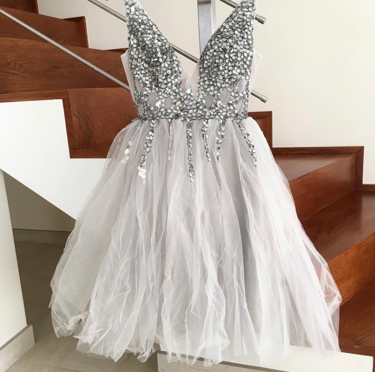 open lace back dress Short Crystal Beaded Tulle V-Neck Prom Homecoming Dresses