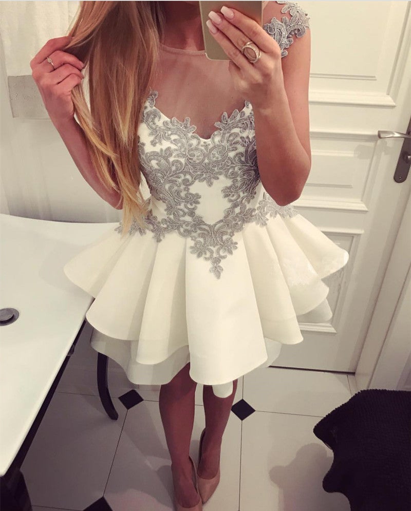 Short Gray Lace Appliques Scoop Neckline Ruffle Satin Homecoming Dress alinanova Short Gray Lace Appliques Scoop Neckline Ruffle Satin Homecoming Dress alinanova