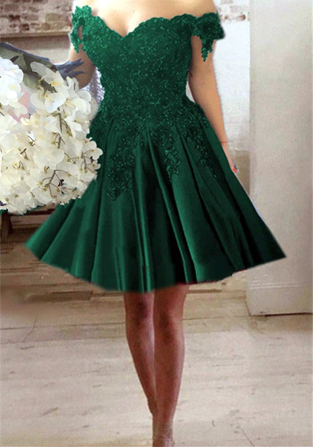 Short Green Satin Prom Dresses Off Shoulder with Lace Flowers Beaded Short Green Satin Prom Dresses Off Shoulder with Lace Flowers Beaded