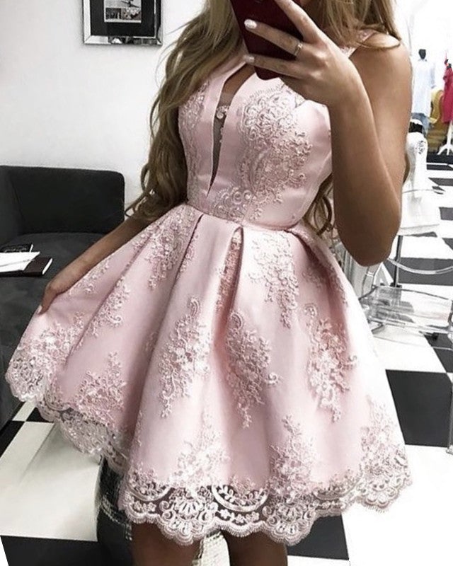 Short Halter Pink Lace Homecoming Dresses