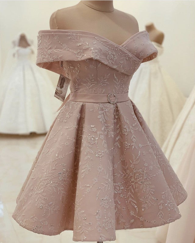 Short Homecoming Dresses Lace Embroidery Off The Shoulder