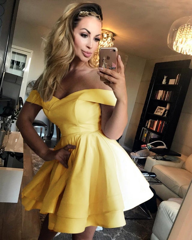Short Satin Homecoming Dresses Off The Shoulder alinanova Short Satin Homecoming Dresses Off The Shoulder alinanova