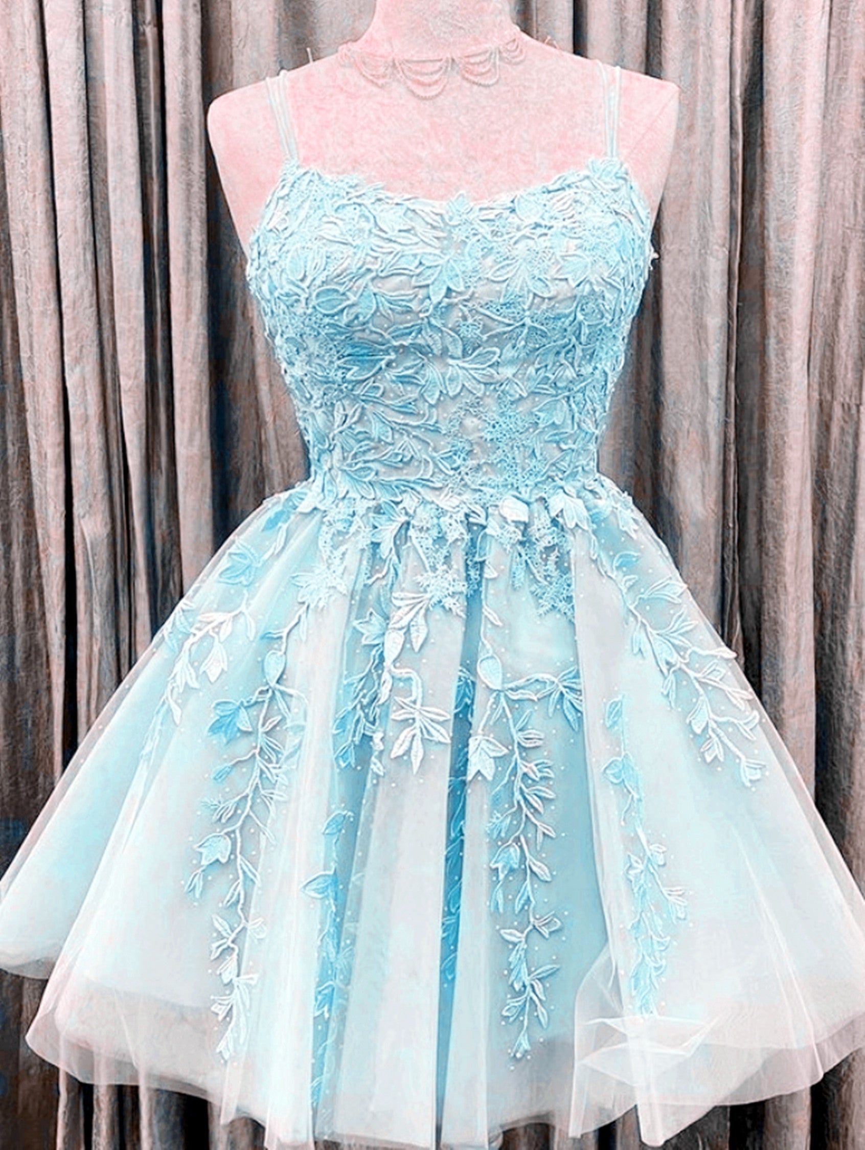 strapless open back dress Backless Short Light Blue Lace Prom Dresses, Short Light Blue Lace  Homecoming Formal Dresses main image 0