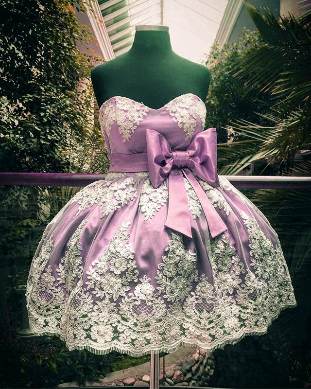 Short Lace Appliques Bow Sashes Satin Prom Homecoming Dresses