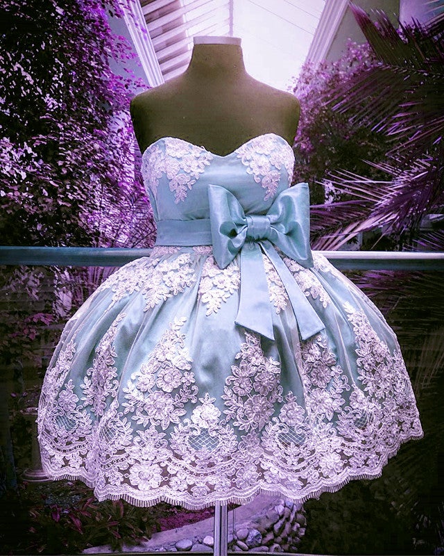 Short Lace Appliques Bow Sashes Satin Prom Homecoming Dresses alinanova Short Lace Appliques Bow Sashes Satin Prom Homecoming Dresses alinanova