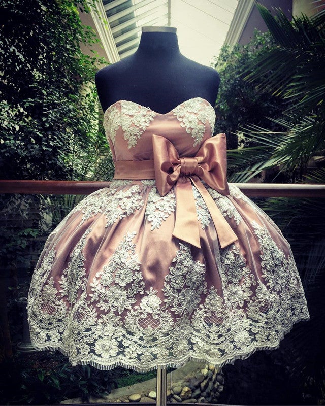 Short Lace Appliques Bow Sashes Satin Prom Homecoming Dresses-alinanova