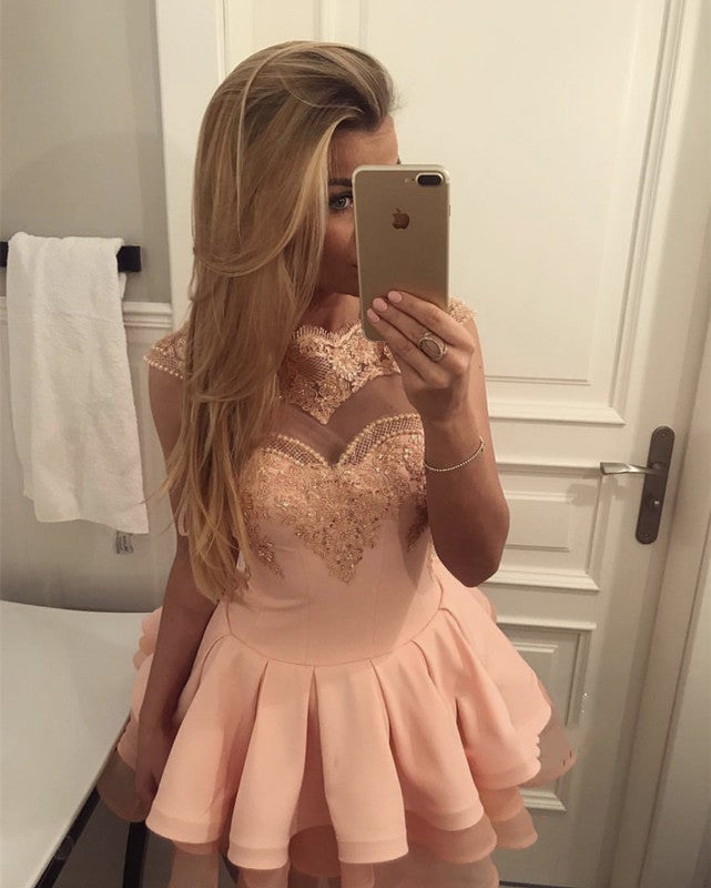 Short Lace Cap Sleeves Ruffle Hem Homecoming Dresses-alinanova