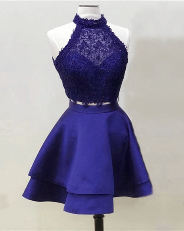Lace Crop Two Piece Short Prom Dresses Satin Skirt  alinanova