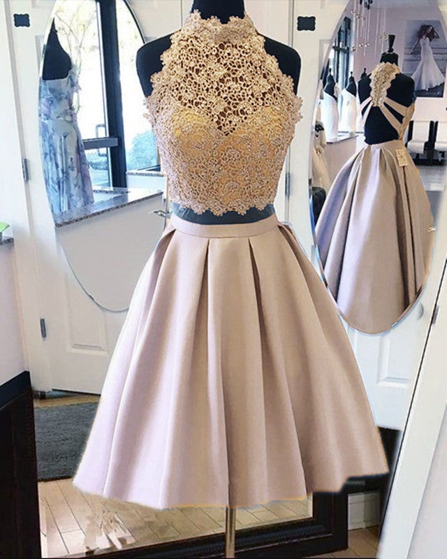 Short Lace Crop Satin homecoming dresses two piece Short Lace Crop Satin homecoming dresses two piece