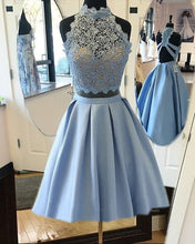 Load image into Gallery viewer, Light Blue Satin Two Piece Homecoming Dresses 2019
