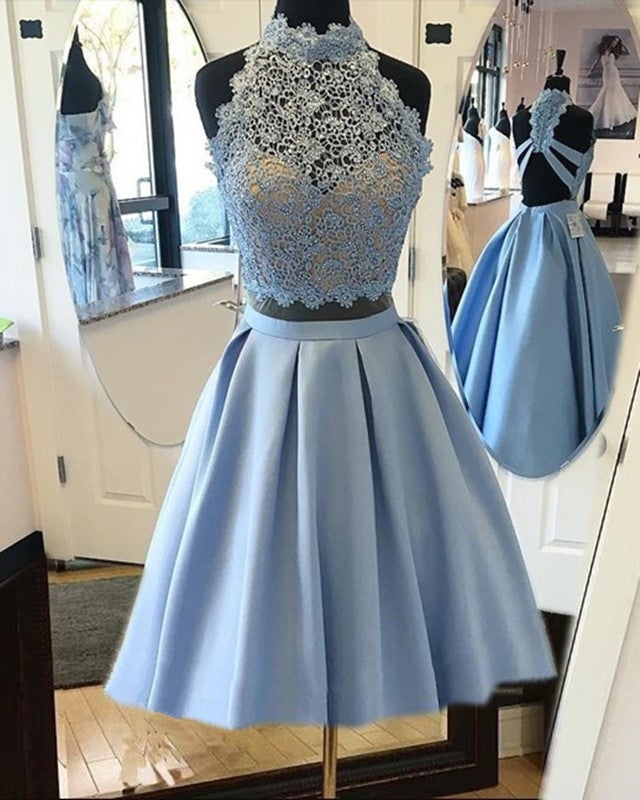 Light Blue Satin Two Piece Homecoming Dresses 2019