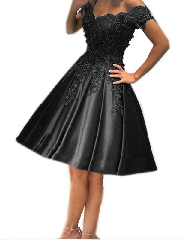 Short Homecoming Dresses Satin Lace Flowers Beaded Off Shoulder