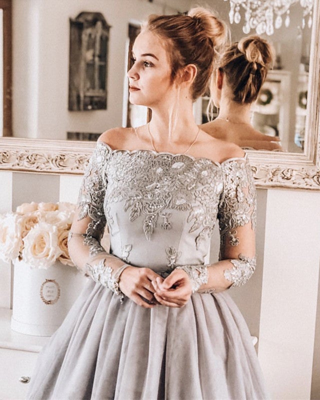 long sleeve off the shoulder homecoming dress A-line Off-the-Shoulder Full/Long Sleeve Satin Short/Mini Homecoming Dress S8203H - Homecoming Dresses
