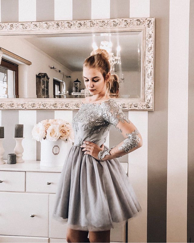 Short Lace Long Sleeves Off Shoulder Homecoming Dresses
