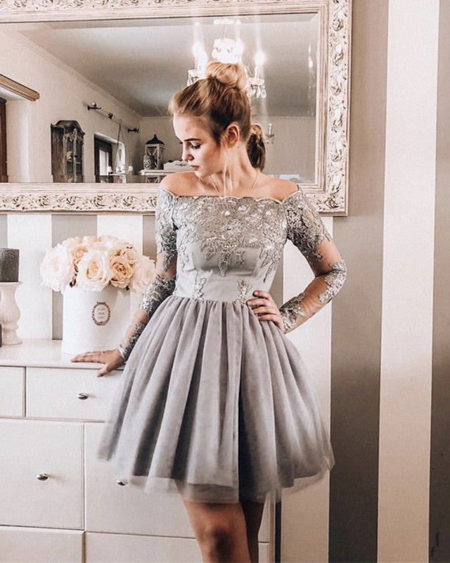 Short Lace Long Sleeves Off Shoulder Homecoming Dresses-alinanova
