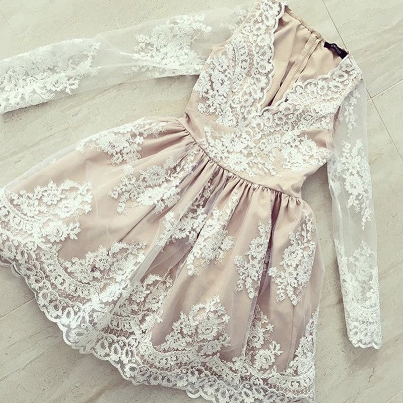 Short Lace V-neck Long Sleeves Homecoming Dresses Short Lace V-neck Long Sleeves Homecoming Dresses