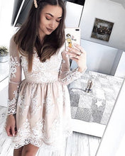 Load image into Gallery viewer, Champagne Lace Homecoming Dresses Long Sleeves
