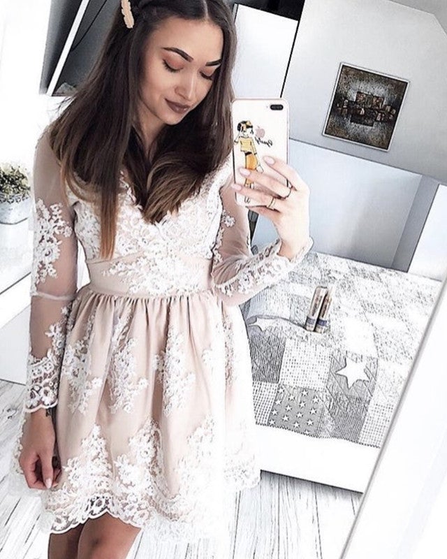 Champagne Lace Homecoming Dresses Long Sleeves