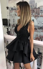 Load image into Gallery viewer, Short Lace V-neck Ruffles Satin Prom Homecoming Dress
