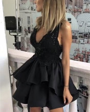 Load image into Gallery viewer, Short Lace V-neck Ruffles Satin Prom Homecoming Dresses 2019-alinanova

