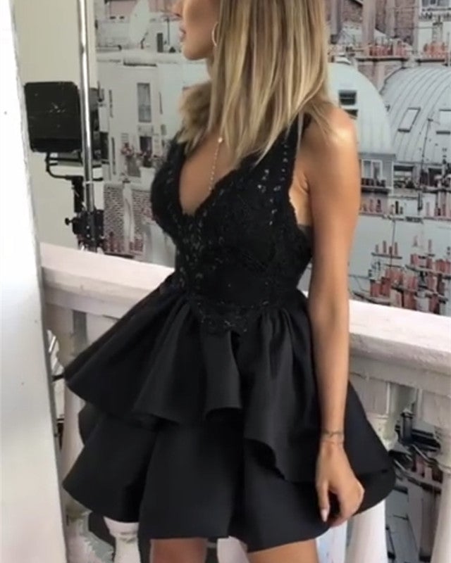 Short Lace V-neck Ruffles Satin Prom Homecoming Dresses 2019-alinanova