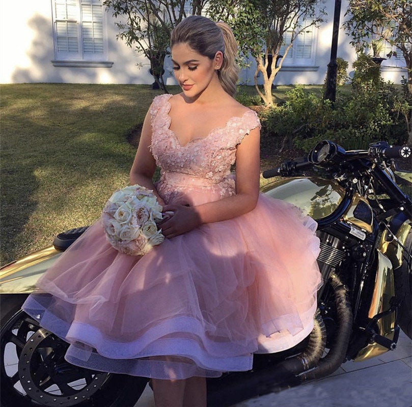 Short Lace V neck Ball Gown Mini Prom Homecoming Dresses alinanova