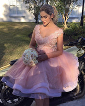 Load image into Gallery viewer, Elegant-Pink-Homecoming-Dresses-Lace-V-neck
