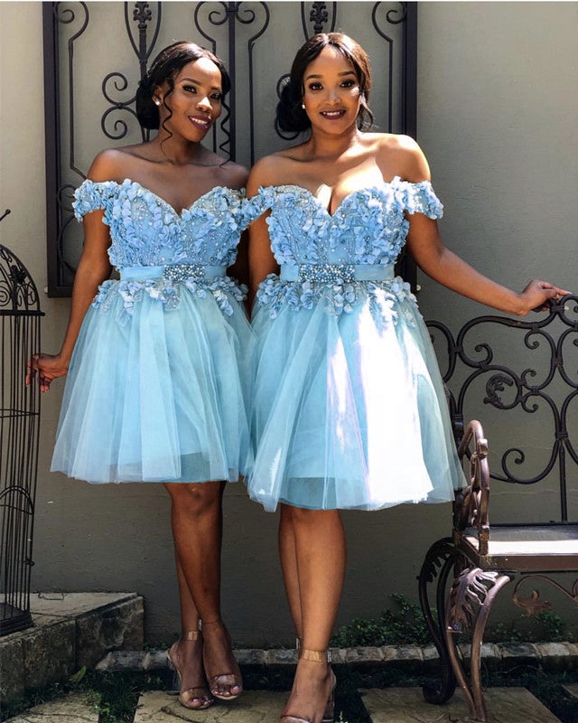 Cute Beaded Light Blue Tulle Short Prom Dress Homecoming Dress