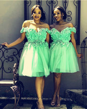 Load image into Gallery viewer, Short Off Shoulder Embroidery Beaded Tulle Prom Homecoming Dresses

