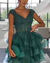 Load image into Gallery viewer, Short Organza Ruffles Homecoming Dresses Lace Beaded V Neck
