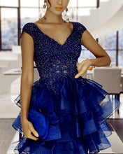 Load image into Gallery viewer, Short Organza Ruffles Homecoming Dresses Lace Beaded V Neck
