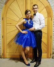 Load image into Gallery viewer, Short Organza Ruffles Prom Homecoming Dresses With 3D Lace Flowers
