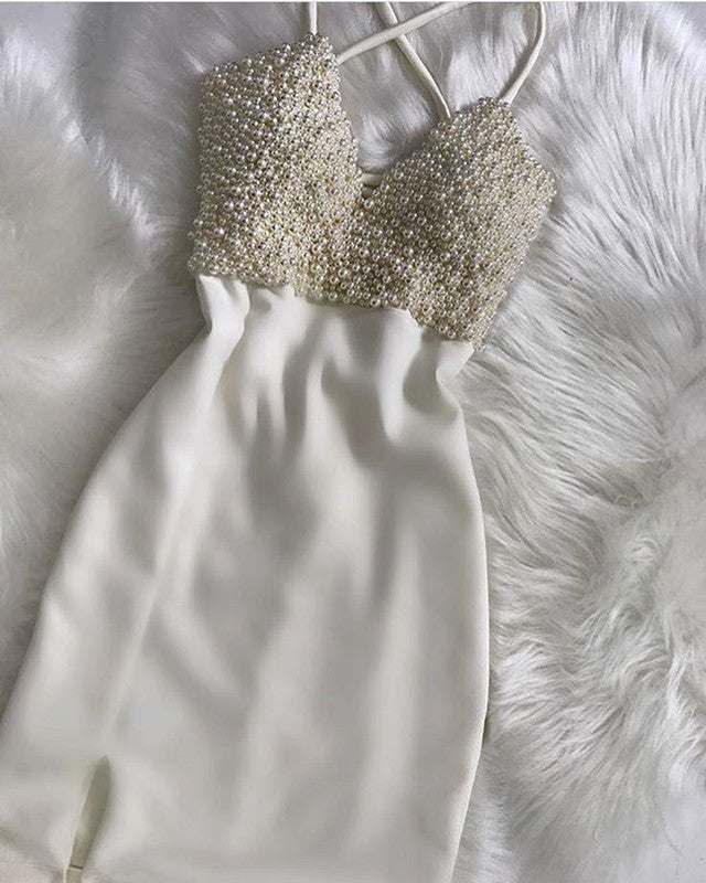 Short Pearl Beaded Homecoming Dresses Bodycon Short Pearl Beaded Homecoming Dresses Bodycon