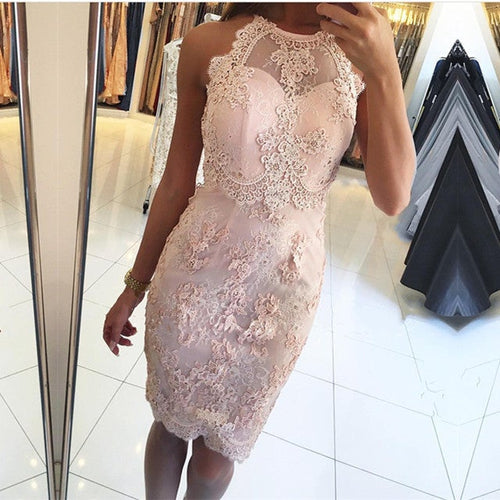 Short Pink Lace Halter Cocktail Dresses-alinanova