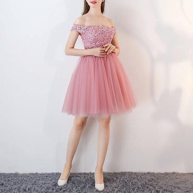Short Pink Lace Off The Shoulder Bridesmaid Dresses For Wedding Party Short Pink Lace Off The Shoulder Bridesmaid Dresses For Wedding Party