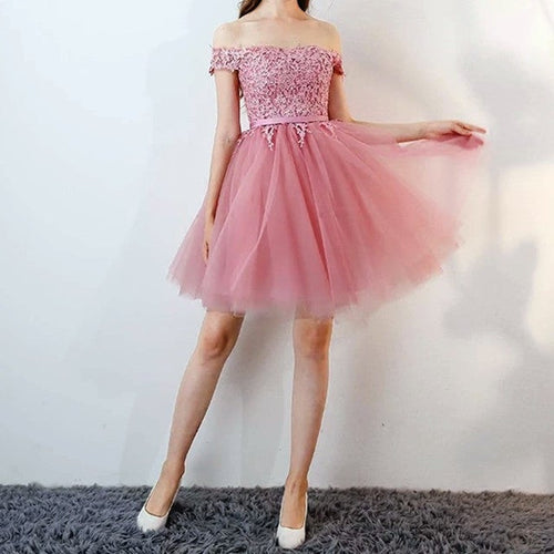 Short Pink Lace Off The Shoulder Bridesmaid Dresses For Wedding Party-alinanova