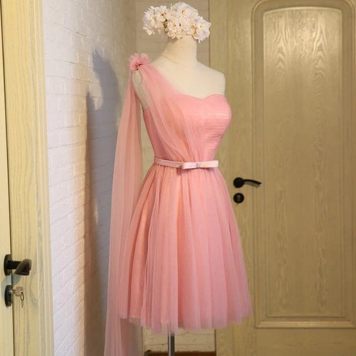 Short Pink Tulle Pleated Bridesmaid Dresses One Shoulder-alinanova