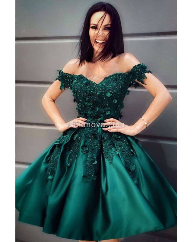 Short Prom Dresses Satin Appliques Off Shoulder alinanova Short Prom Dresses Satin Appliques Off Shoulder alinanova