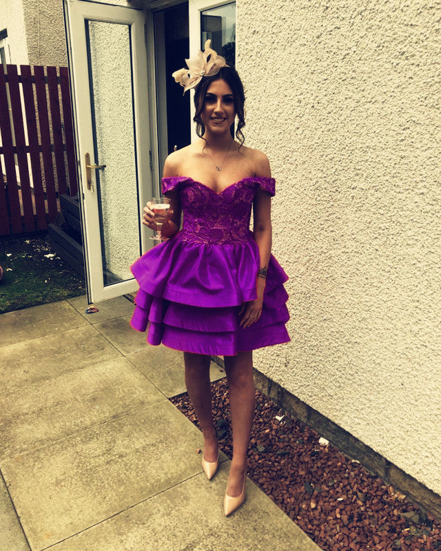 Satin Ruffles Homecoming Dresses Lace Off Shoulder
