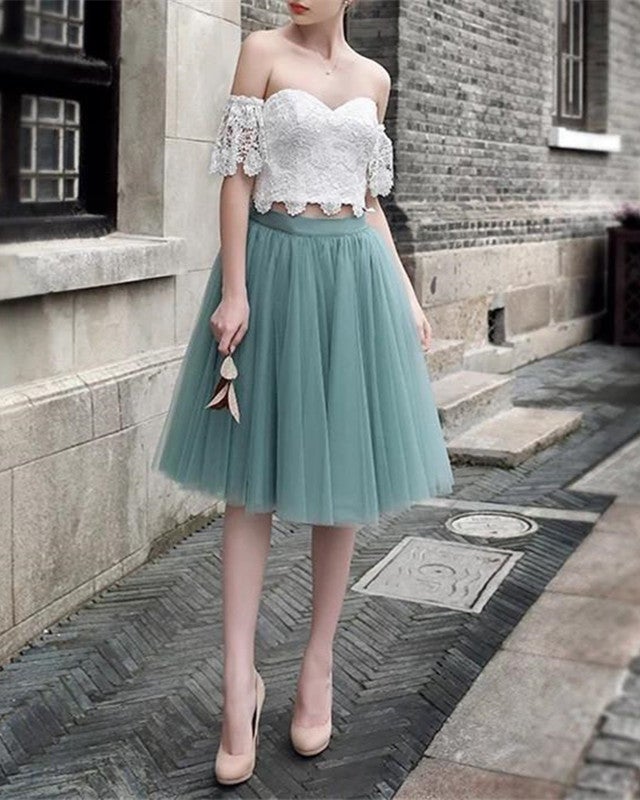 Two Piece Sage Green Prom Dress Short