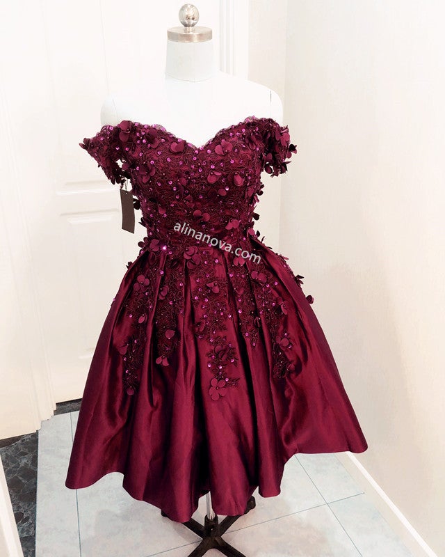 Short Satin Ball Gown Party Dress Lace Flowers Beaded Off Shoulder Short Satin Ball Gown Party Dress Lace Flowers Beaded Off Shoulder