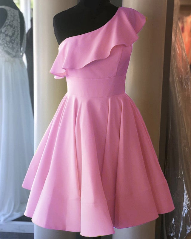 Short Pink Homecoming Dresses One Shoulder