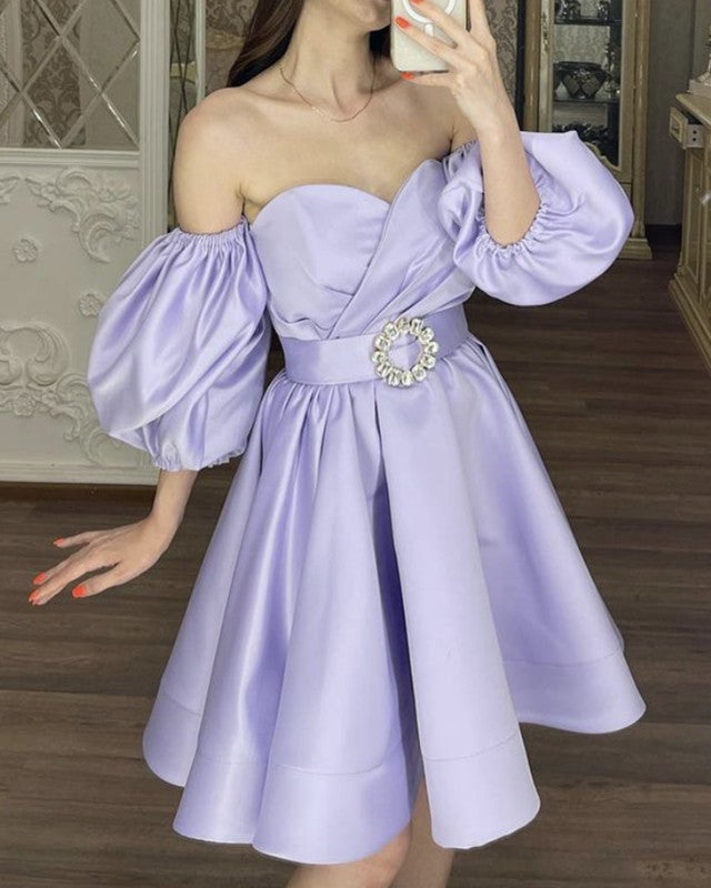 white christmas dresses Short Satin Homecoming Dresses Ruffles Puffy Sleeves
