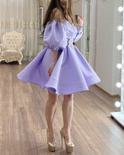 Load image into Gallery viewer, Short Satin Homecoming Dresses Ruffles Puffy Sleeves
