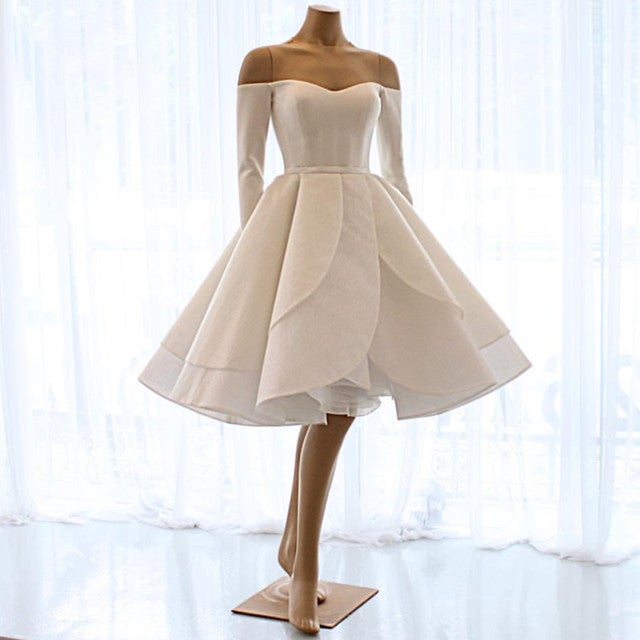 Short Satin Long Sleeves Off Shoulder Ruffles Skirt Wedding Dresses-alinanova
