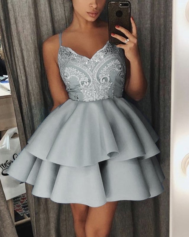 Short Satin Ruffles Dresses V Neck Appliques
