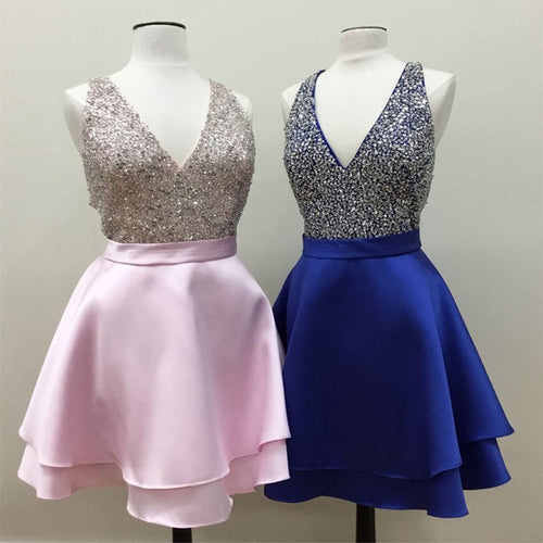 Short Satin V Neck Beaded Prom Homecoming Dresses 2018-alinanova