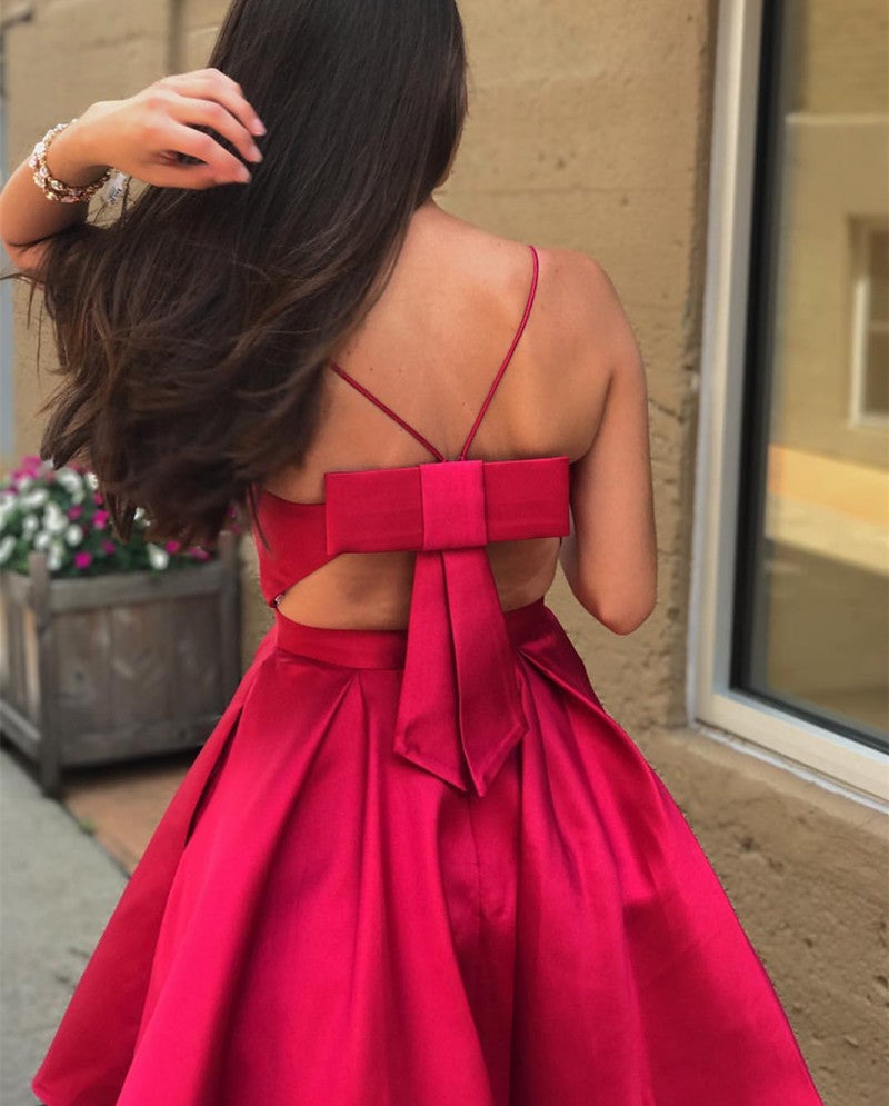 Short Satin V Neck Bow Back Homecoming Dresses alinanova Short Satin V Neck Bow Back Homecoming Dresses alinanova