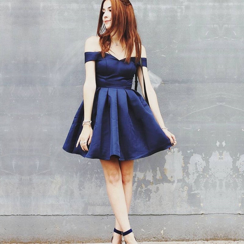Short Satin V Neck Off Shoulder Cocktail Dresses – alinanova