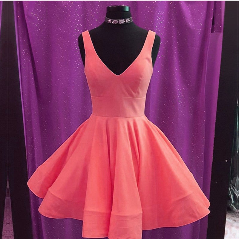 Short Satin V Neck Swing Prom Homecoming Dresses  alinanova